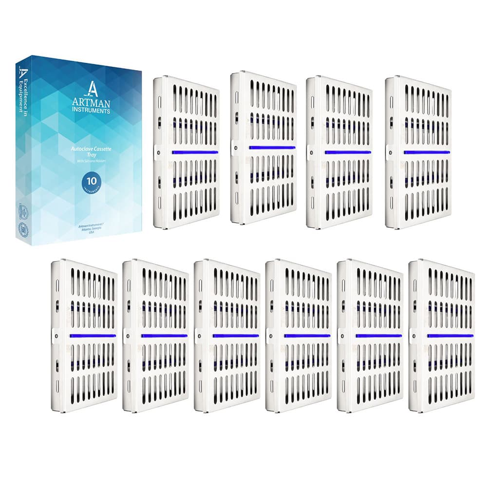 Artman Instruments Stainless Steel Sterilization Cassette Tray, 7.25" x 4.5" x 1", Holds 10 Instruments, 10/Pk - Artman Instruments 7.25" x 4.5" x 1" Stainless Steel Sterilization Cassette Tray, 10 Instruments, 10/Pk - Image 1