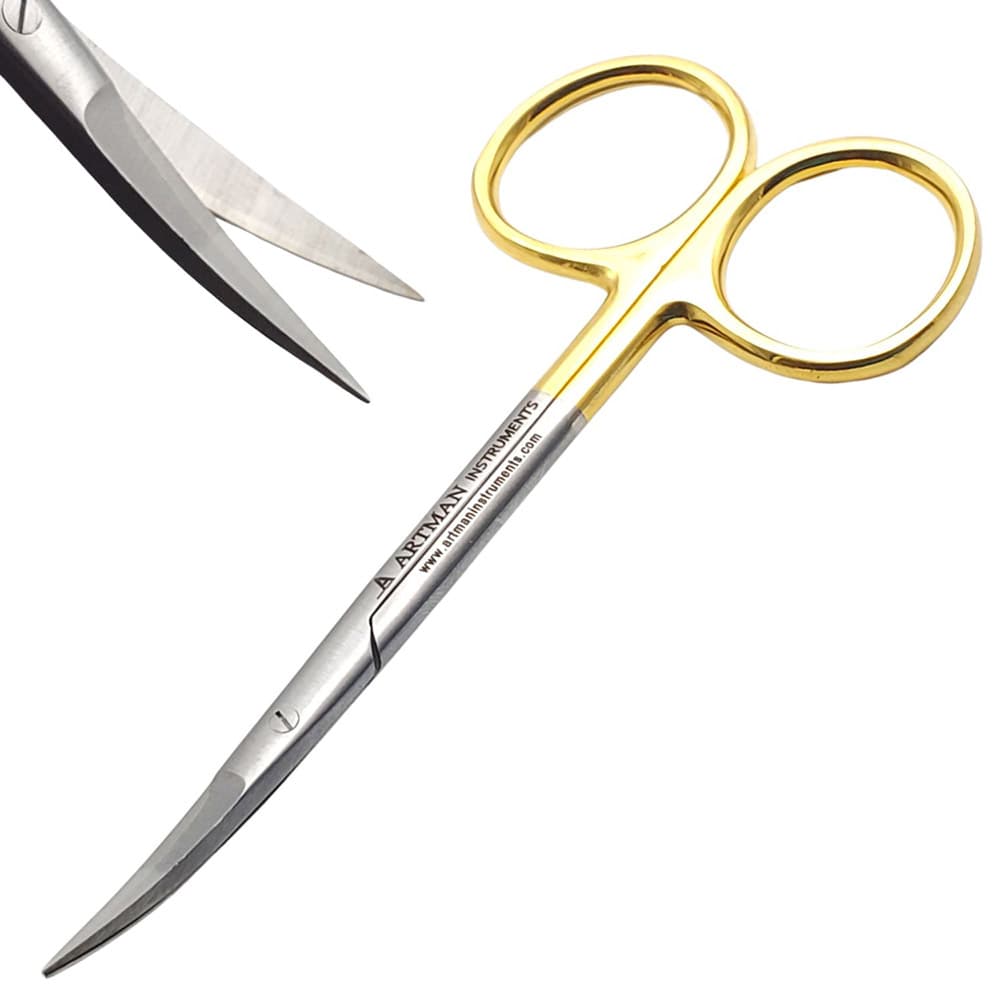 Artman Instruments 4.5" Stainless Steel Surgical Scissors, Curved, Gold-Plated Handle, 1/Pk - Artman Instruments 4.5" Stainless Steel Surgical Scissors, Curved, 1/Pk - Image 1