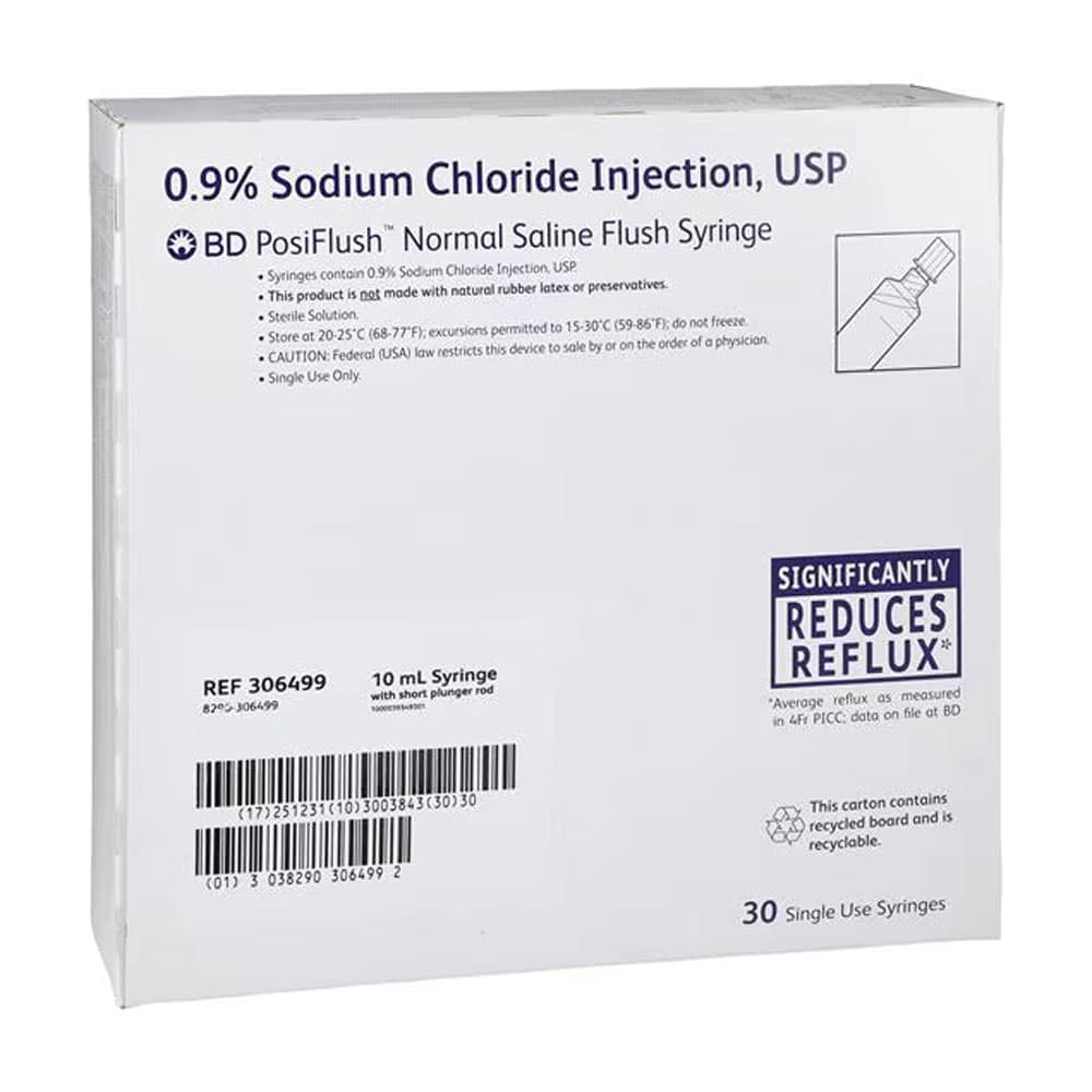 BD PosiFlush 0.9% Sodium Chloride IV Flush Solution Injection, 10mL Prefilled Syringe, 30/Box - PosiFlush 0.9% Sodium Chloride IV Flush Solution Injection, 10mL Prefilled Syringe, 30/Box - Image 1
