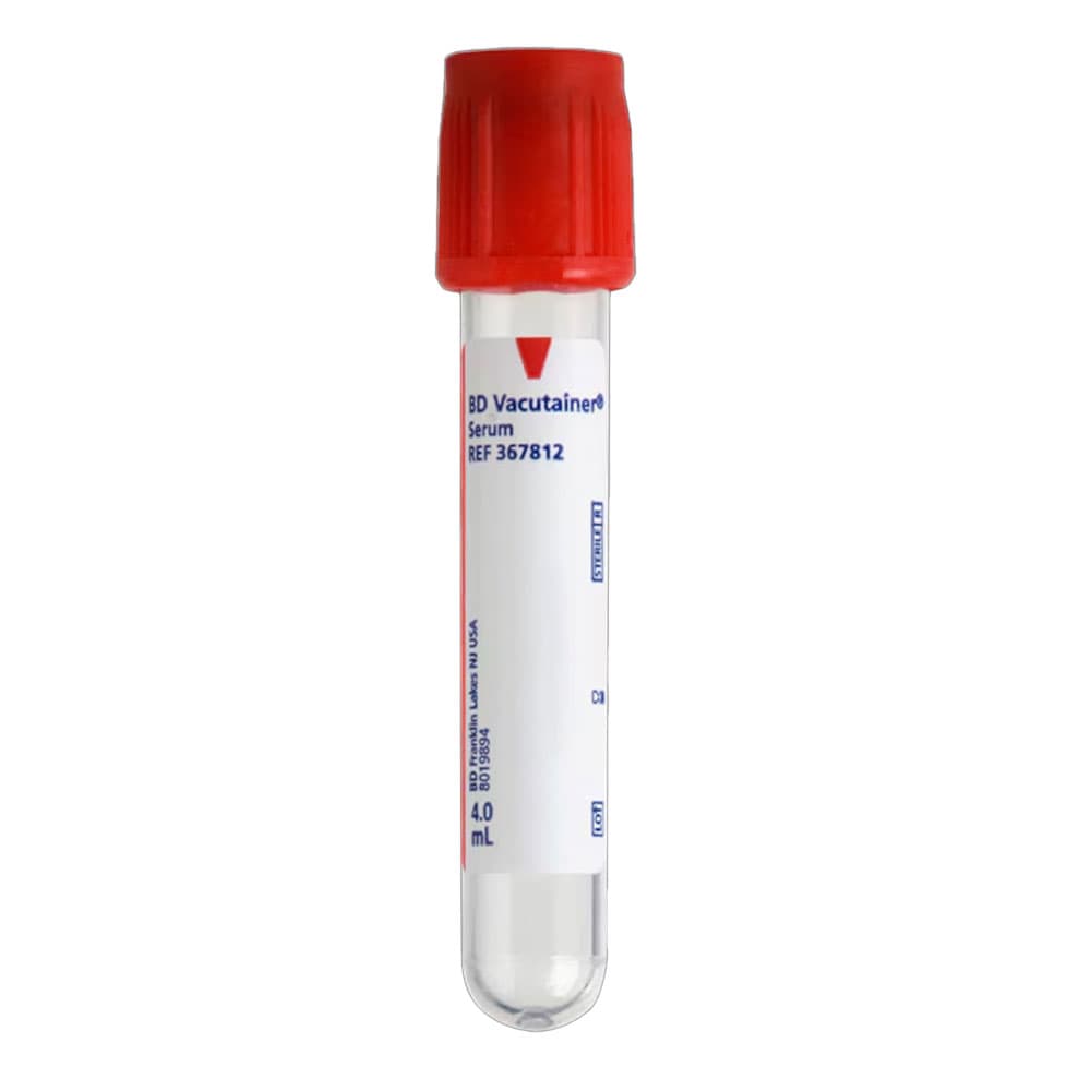 BD Vacutainer Plus Plastic Serum Blood Collection Tubes, 4 mL Draw, 13 x 75 mm, Red Hemogard Closure, 100/Box - Vacutainer Plus Plastic Serum Blood Collection Tubes for Serum Determination, 4 mL Draw Volume, 100/Box - Image 1