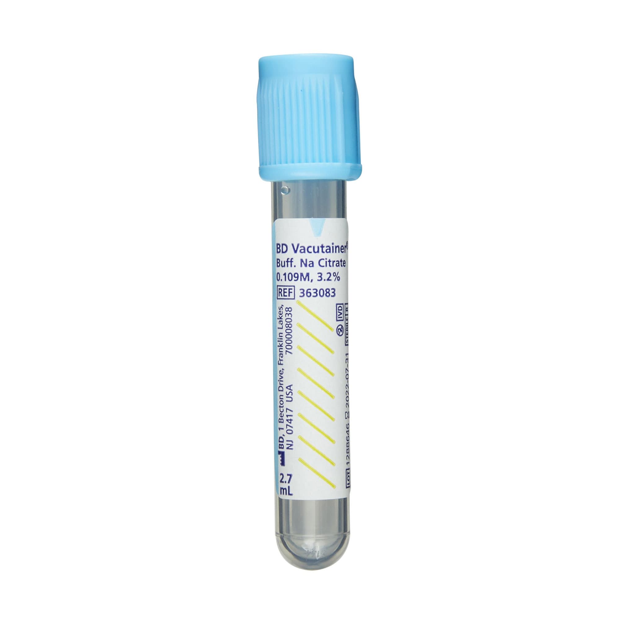 BD Vacutainer Venous Blood Collection Tube, Plastic, 2.7 mL, Citrate, Light Blue Hemogard Closure, 100/Box - Vacutainer Venous Blood Collection Citrate Tube, Plastic, 2.7 mL, BD Hemogard Closure, 100/Box - Image 1