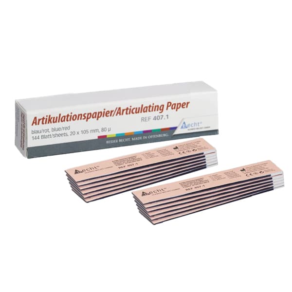 Becht Articulating Paper, 20x105mm Straight, Blue/Red, 144 Sheets (12 Booklets of 12), 80 µm - Becht Articulating Paper, 20x105mm Straight, Blue/Red. 12x 12sheets per Booklet - Image 1