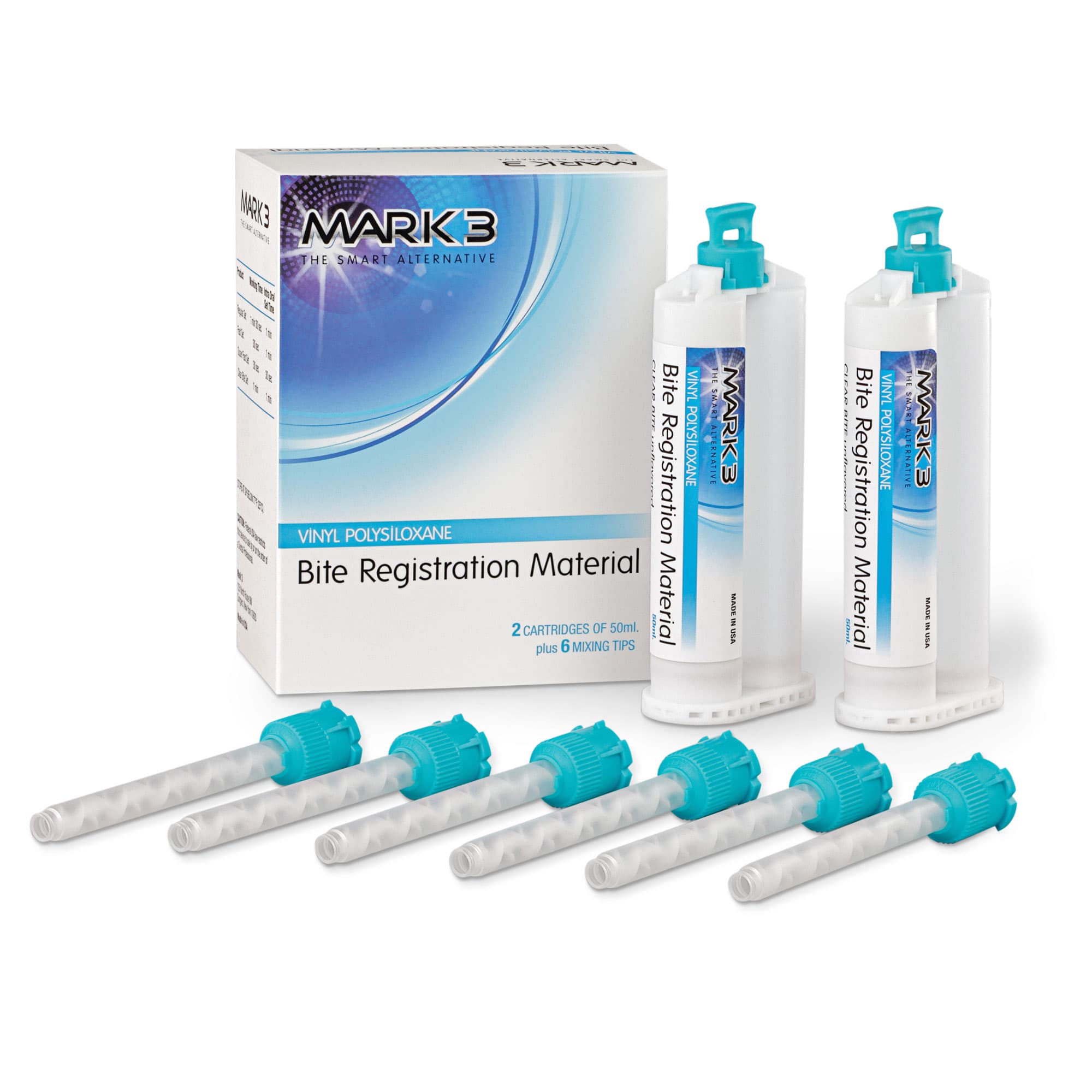 MARK3 Bite Registration Material, Fast Set, Mint Chocolate Chip, 2 x 50mL Cartridges with 6 Mixing Tips - MARK3 Bite Registration, Fast Set, Mint Chocolate Chip, 2 - 50mL Cartridges & 6 Mixing Tips - Image 1