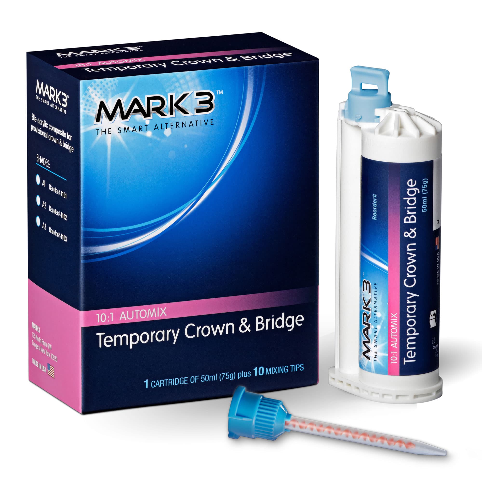 MARK3 Temporary Crown & Bridge Material, Shade A3, 50ml 10:1 Cartridge with 10 Tips - MARK3 Temporary Crown & Bridge Material - A3, 50ml 10:1 Cartridge and 10 Tips - Image 1