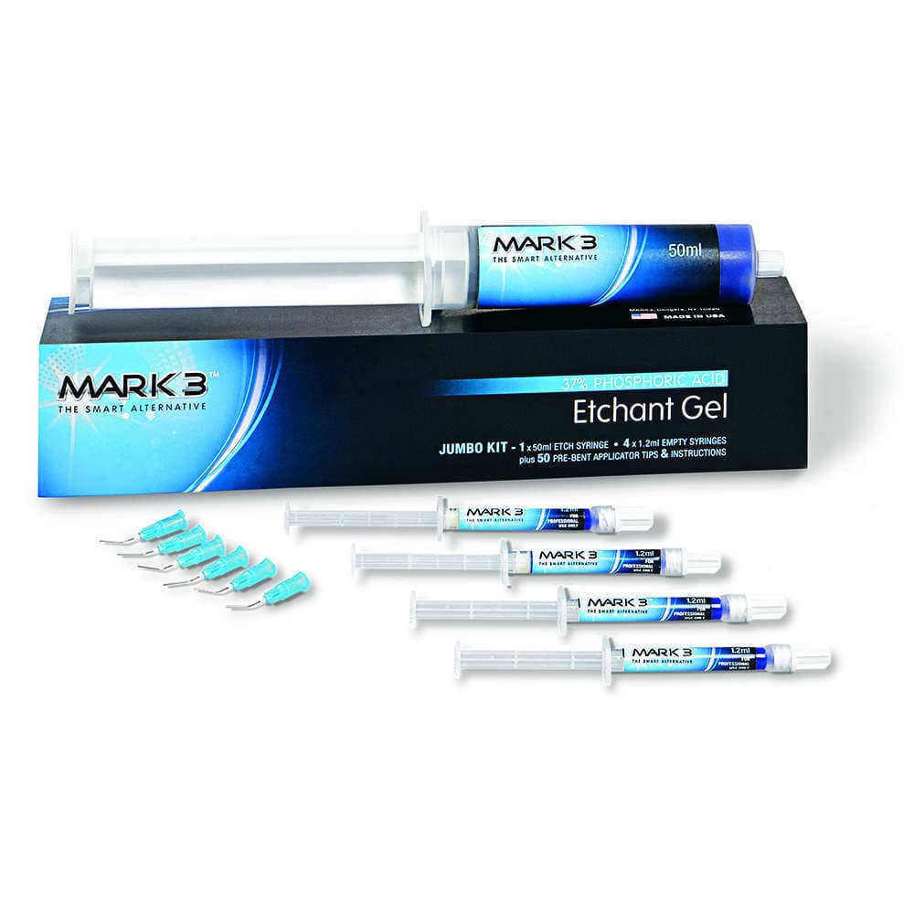 MARK3 Etchant Gel 37% Phosphoric Acid, Jumbo Pack 50 mL Syringe Kit with 4 x 1.2 mL Empty Syringes & 50 Pre-Bent Tips - MARK3 Etchant Gel 37% Phosphoric Acid, Jumbo Pack 50 mL Syringe Kit. Includes: - Image 1