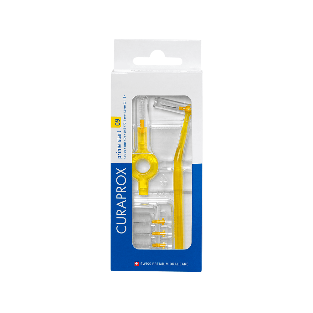 Curaprox CPS 09 Prime Start Interdental Brush Set, 0.9-4.0mm, Yellow, with 5 Replacement Heads - Curaprox CPS 09 Prime Start Interdental Brush Set, 0.9 - 4.0mm, Yellow, Includes: - Image 1