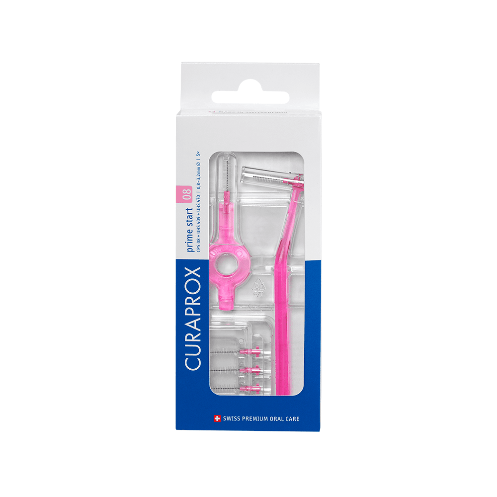 Curaprox CPS 08 Prime Start Interdental Brush Set, 0.8-3.2mm, Pink, Includes 1 Handle, 5 Replacement Heads, Ring Holder, Angled Holder, and Protective Cap - Curaprox CPS 08 Prime Start Interdental Brush Set, 0.8 - 3.2mm, Pink, Includes: - Image 1