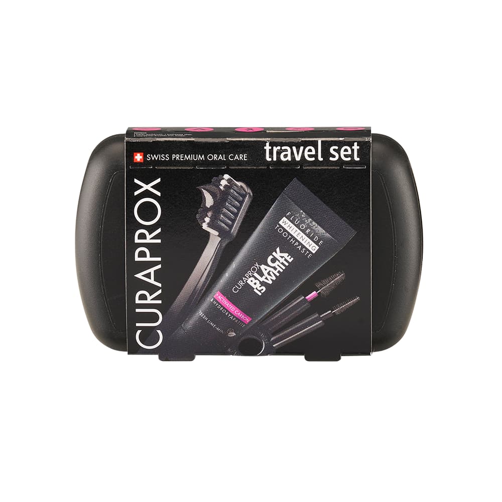 Curaprox Black Is White Whitening Toothpaste Travel Set with Ultra-Soft Toothbrush and 2 CPS Prime Interdental Brushes - Curaprox Black Is White Whitening Toothpaste Travel Set. Includes: - Image 1