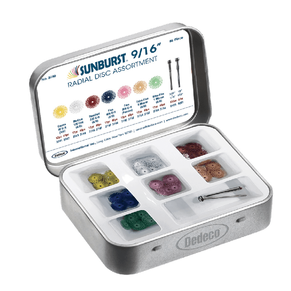 Dedeco Sunburst TC Aluminum Oxide Disc Assortment Kit, 9/16" Diameter, 86 Pieces, Includes 84 Discs and 2 Mandrels - SUNBURST 9/16" TC Aluminum Oxide 86-Piece Disc Assortment Kit. Includes: - Image 1