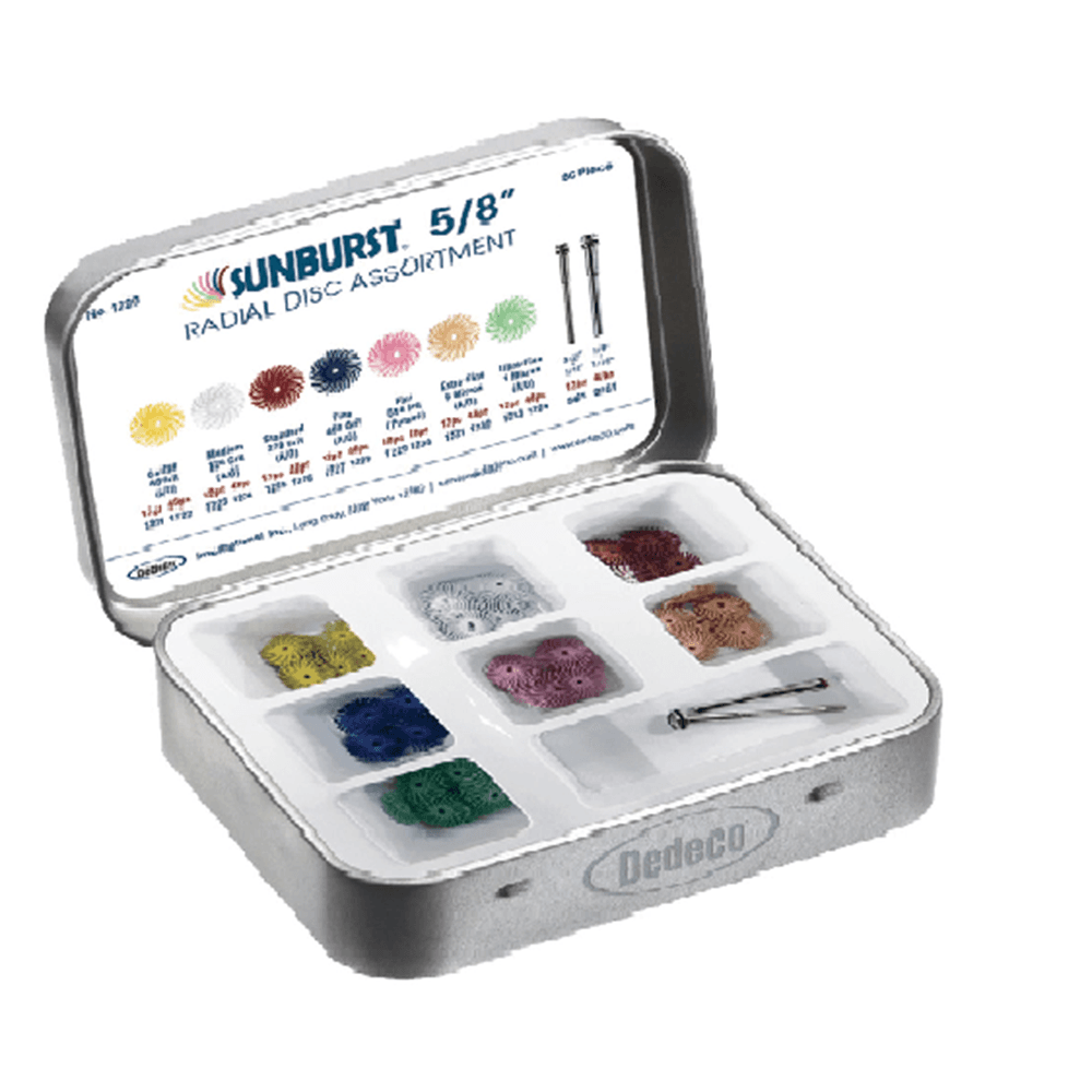 Dedeco Sunburst 5/8" TC Aluminum Oxide Disc Assortment Kit, 86 Pieces, 7 Grits, with Mandrels - SUNBURST 5/8" TC Aluminum Oxide 86-Piece Disc Assortment Kit. Includes: - Image 1