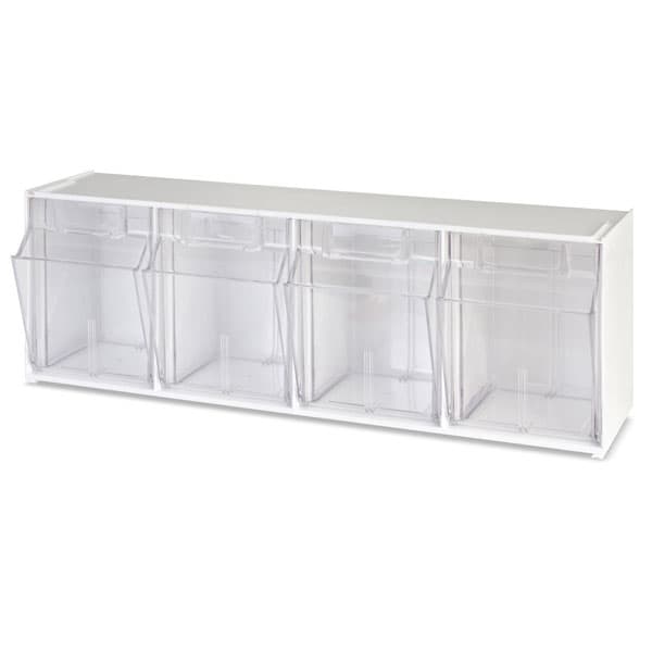 Deflecto Tilt Bin Interlocking Multi-Bins 4 Bin Storage System, White, 23-5/8"W x 8-1/8"H x 6-5/8"D - Tilt Bin Interlocking Multi-Bins 4 Bin - Image 1