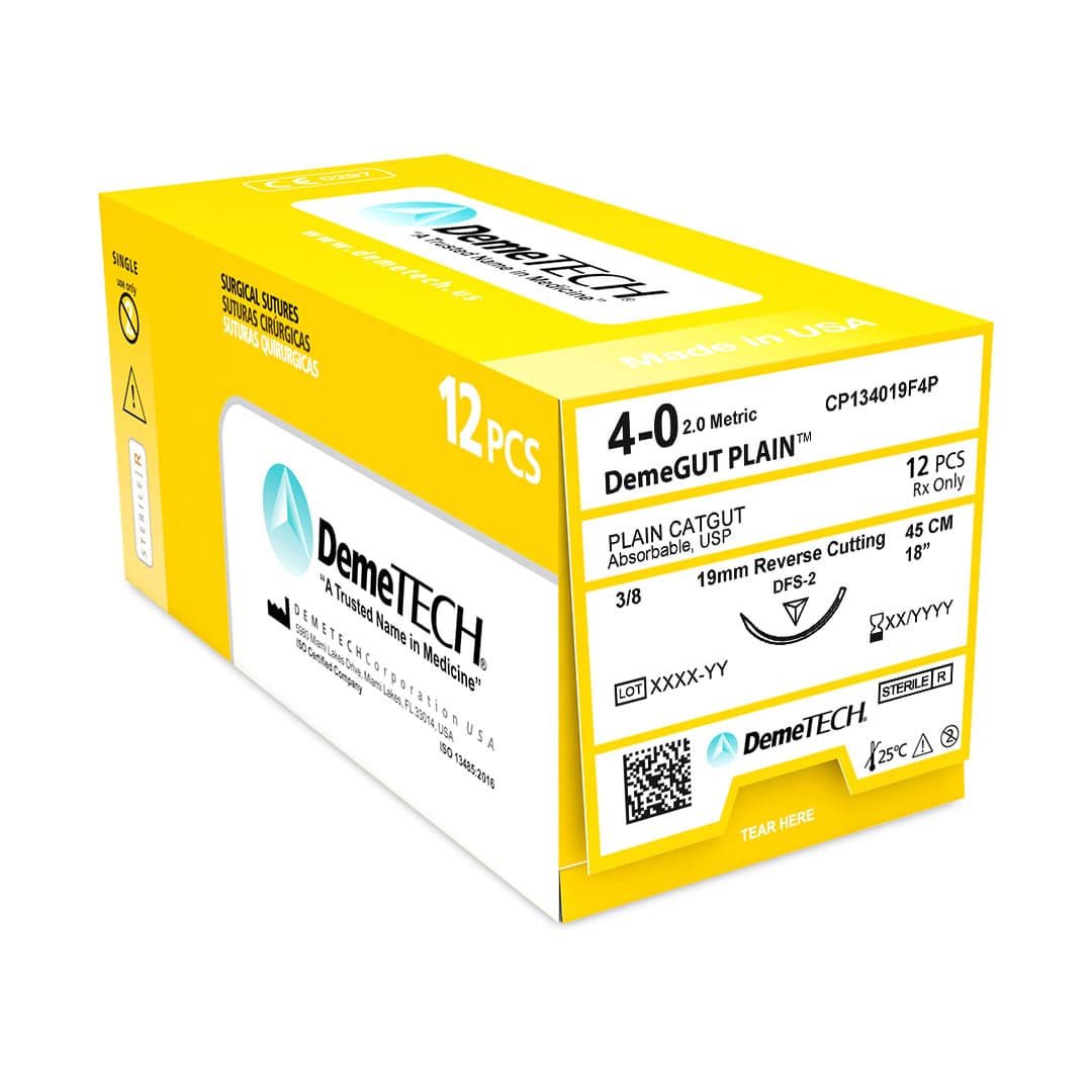 DemeGUT PLAIN 4/0, 18" (45cm) Plain Catgut, Absorbable, Beige Suture, Reverse Cutting DFS-2 Needle (3/8 Circle, 19mm), 12/Box - DemeGUT PLAIN 4/0, 18" (45cm) Plain Catgut, Absorbable, Beige Suture, 12/Box - Image 1