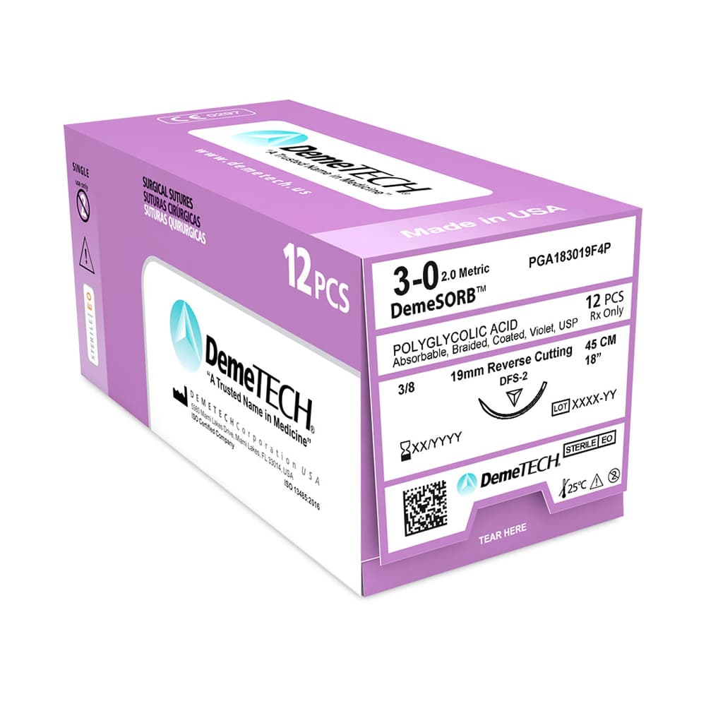 DemeSORB 3/0, 18" (45 cm) Polyglycolic Acid Violet Suture, DFS-2 Reverse Cutting Needle, 12/Box - DemeSORB 3/0, 18" (45 cm) Polyglycolic Acid Violet Suture, DFS-2 Reverse Cutting Needle, 12/Box - Image 1