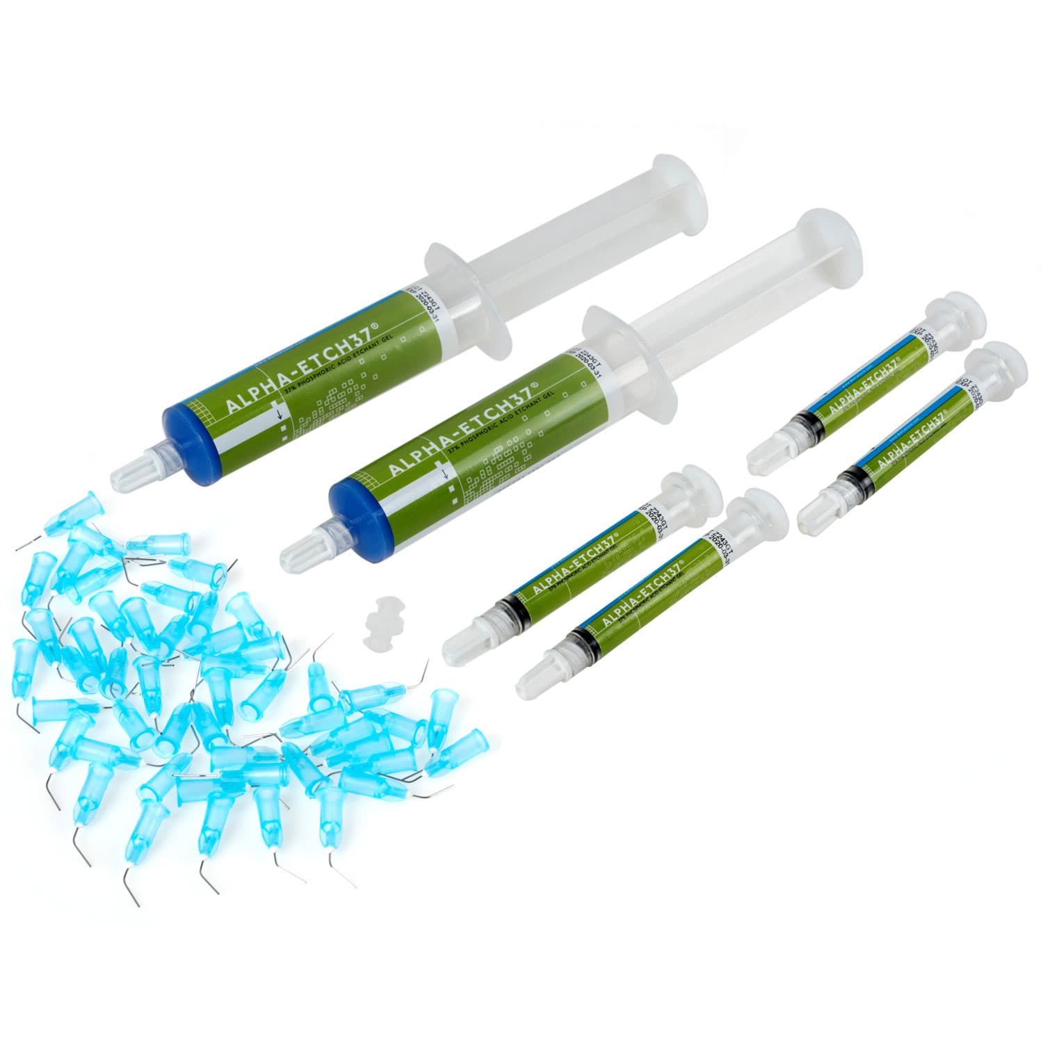 Alpha-Etch37 37% Phosphoric Acid Blue Etchant Gel Syringe Kit (2 x 25mL Syringes, 4 Empty 4g Syringes, 1 Connector, 50 Dispensing Tips) - Alpha-Etch37 37% Phosphoric Acid Blue Etchant Gel 25mL Syringe Kit. Includes: - Image 1