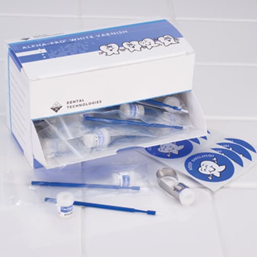 Alpha-Pro White Varnish Kit, 5% Sodium Fluoride, Melon Flavor, 200 x 0.5 mL Unit Doses with Brushes and Stickers - Alpha-Pro White Varnish kit, 5% Sodium Fluoride, Melon Flavor. Varnish dries - Image 1