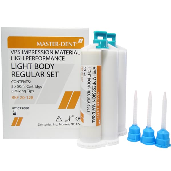 Master-Dent Light Body (Wash) Regular Set Vinyl Polysiloxane HP Cartridge Kit, 2 x 50 ml Cartridges with 6 Mixing Tips - Master-Dent Light Body (wash) Regular Set Vinyl Polysiloxane HP Cartridge Kit - Image 1