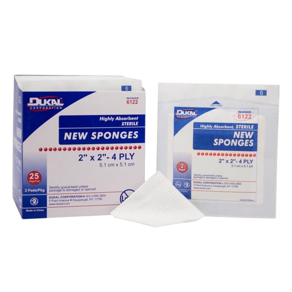 Dukal 2" x 2" 4-Ply Sterile Non-Woven Sponges, 2 per Pack, Box of 1500 Packs (3000 Sponges) - Dukal 2" x 2" 4-ply Sterile Non-Woven Sponges, 2 Sponges per Pack, Box of 1500 - Image 1