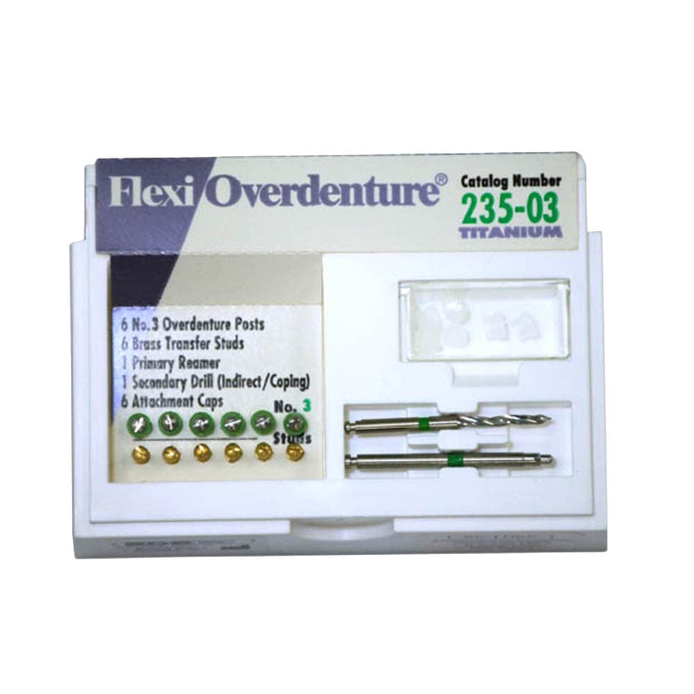 Flexi-Overdenture Titanium #3 Green Refill: 6 Overdenture Posts, 6 Attachment Caps, 6 Rubber Bands, 1 Primary Reamer, 1 Secondary Drill, 6 Brass Transfer Studs - Flexi-Overdenture Titanium #3 Green Refill: 6 Overdenture Posts, 6 Attachment - Image 1