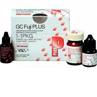 GC Fuji Plus 1-1 Export Package, Resin Reinforced Glass Ionomer Luting Cement, 15g Powder/7mL Liquid/6.5mL Conditioner - GC Fuji Plus 1-1 EXPORT PACKAGE. Resin Reinforced Glass Ionomer Luting Cement - Image 1
