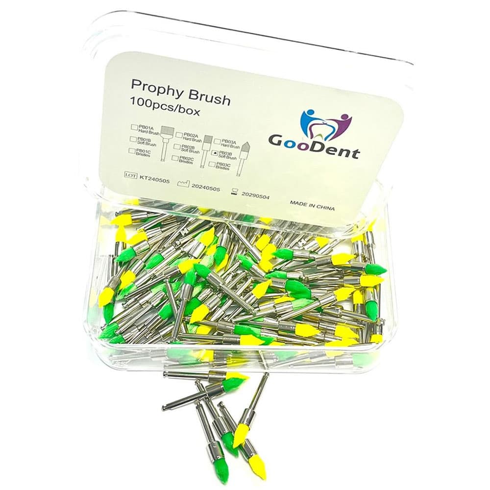 GooDent Prophy Brushes, Tapered-Shaped, Soft Nylon, Assorted Colors (Yellow & Green), RA Attachment, 100/Box - GooDent Prophy Brushes, Tapered-shaped, Soft Nylon, Assorted Colors, 100/Box - Image 1