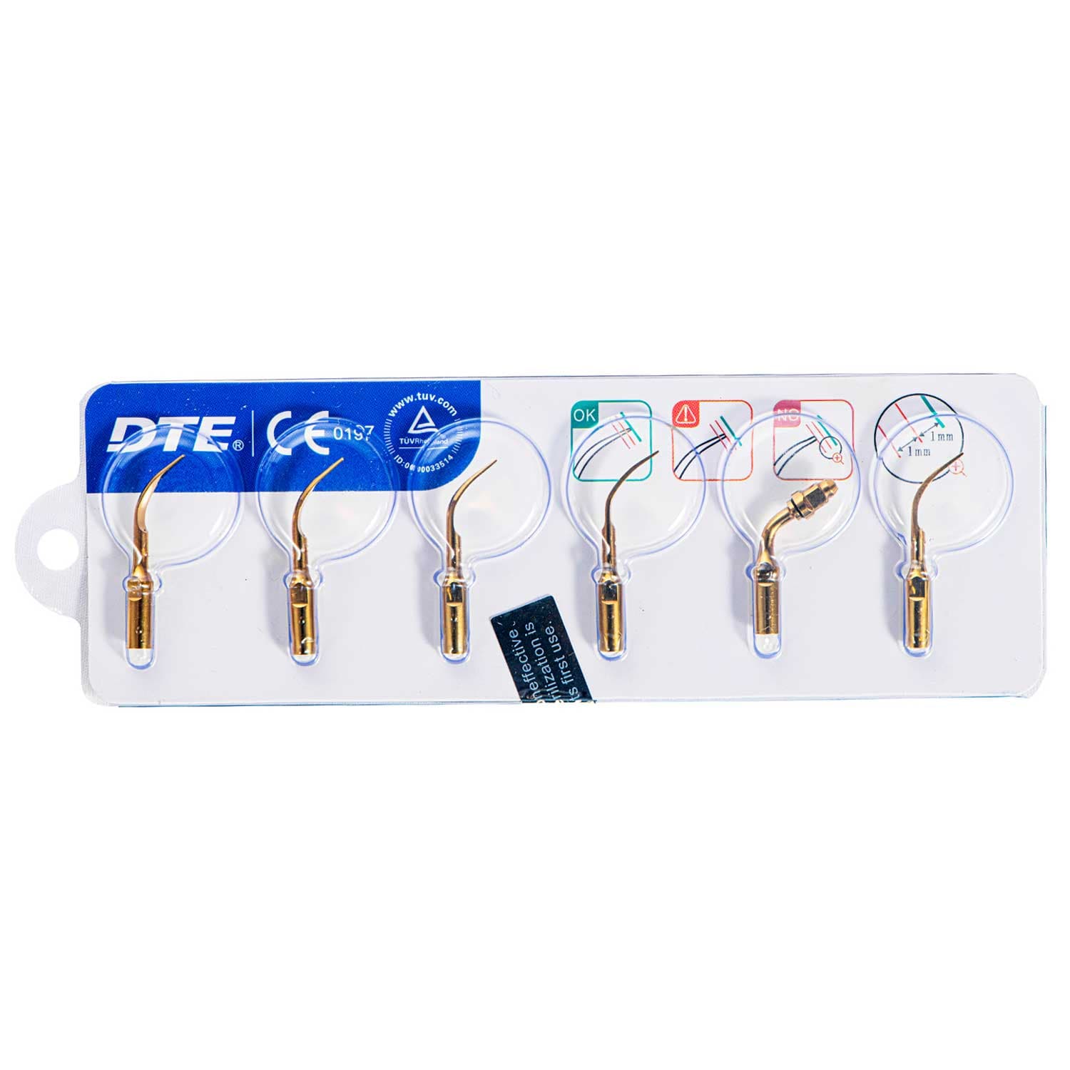 DTE Ultrasonic Scaler Gold Tips Assorted Kit, 6/Pk (PD1T, GD1T, GD2T, GD4T, ED1T-120deg) - DTE Ultrasonic Scaler Gold Tips Assorted - 6/Pk. Includes: - Image 1