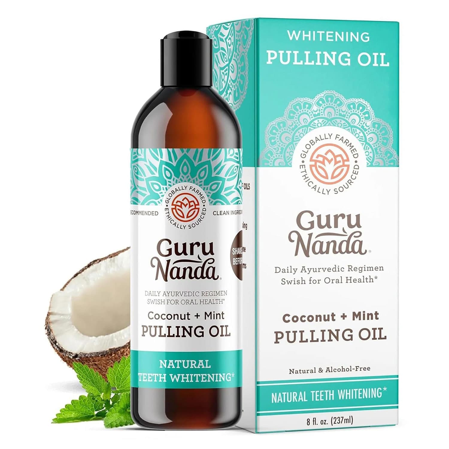 GuruNanda Coconut & Mint Whitening Pulling Oil Oral Rinse, 8 oz Bottle, 30/Case - GuruNanda Coconut & Mint Whitening Pulling Oil Oral Rinse, 8 Oz. Bottle, 30/Case - Image 1