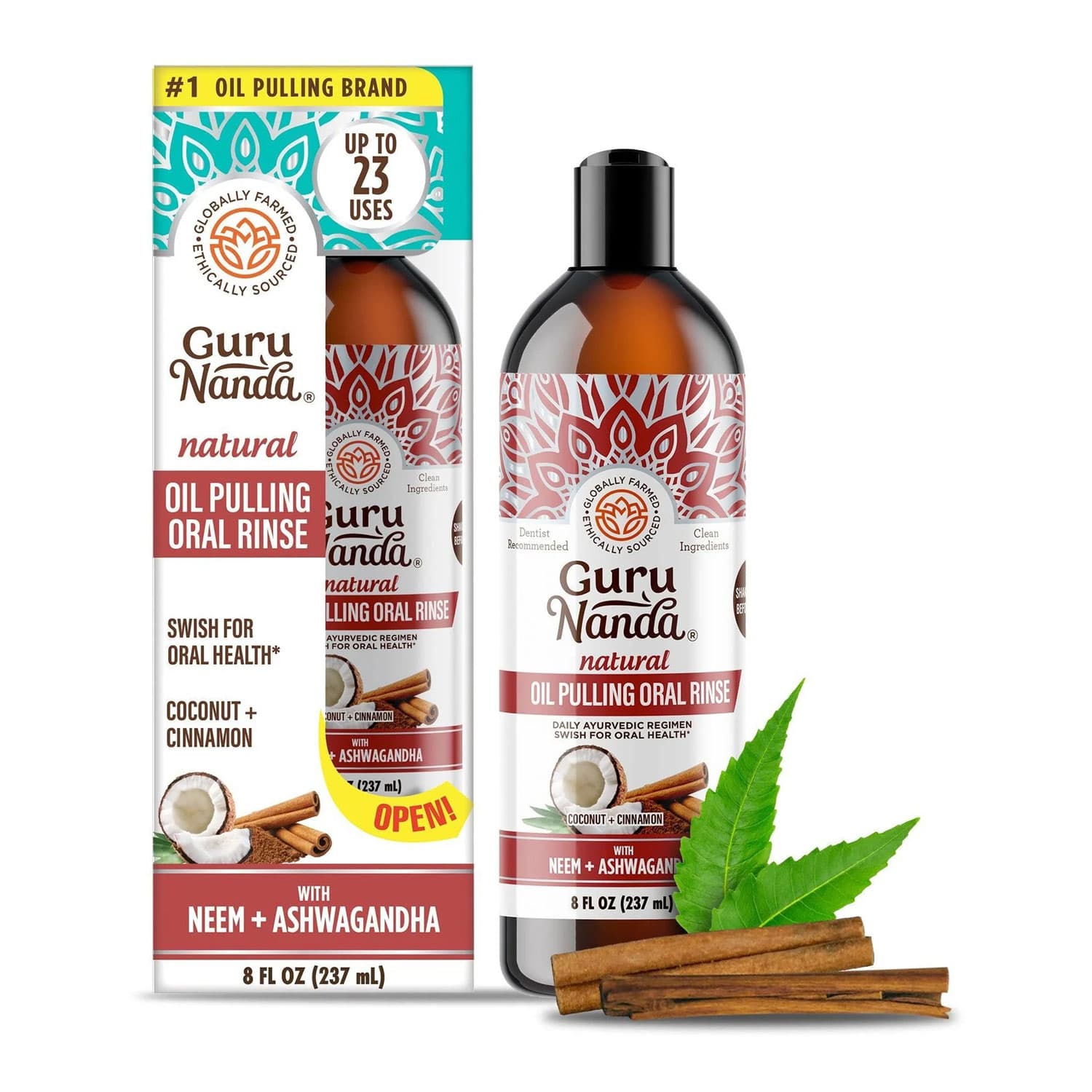 GuruNanda Coconut Cinnamon, Neem & Ashwagandha Oil Pulling Oral Rinse, 8 oz Bottle, 12/Case - GuruNanda Coconut Cinnamon, Neem & Ashwagandha Oil Pulling Oral Rinse, 8 Oz. Bottle, 12/Case - Image 1