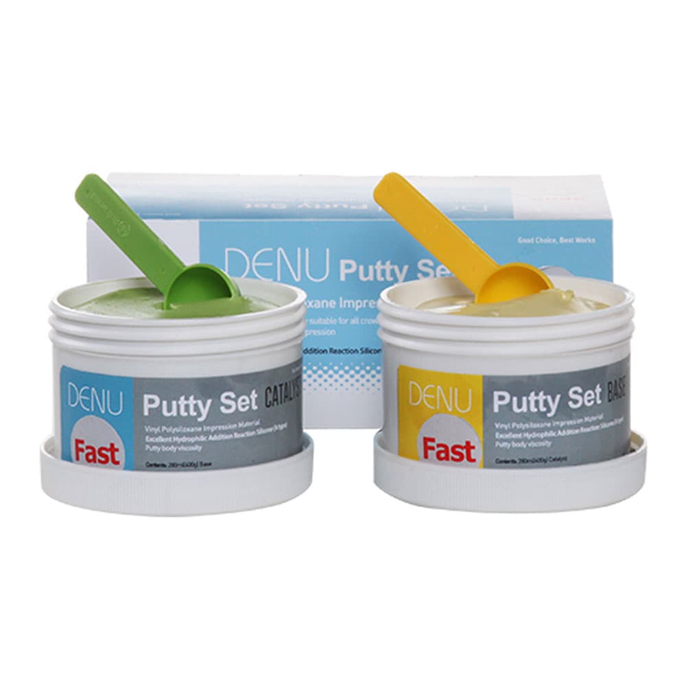 Denu Vinyl Polysiloxane Impression Material Putty, Fast Set Kit, 280 mL Base & 280 mL Catalyst with 2 Spoons - Denu Vinyl Polysiloxane Impression Material Putty, Fast Set Kit - 280 mL Base & 280 mL Catalyst. Includes - Image 1