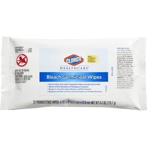 Clorox Bleach Germicidal Wipes, 6.75" x 9", 20 Wipes per Pack, 24 Packs per Case, EPA Registered - Clorox Bleach Germicidal Wipes 6.75" x 9". 20/pk, 24 packs/cs. EPA registered - Image 1