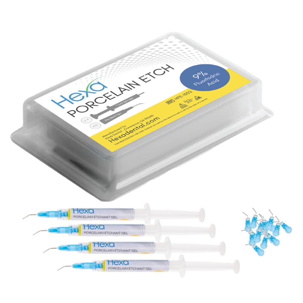 Hexa 9% Hydrofluoric Acid Porcelain Etch, 2 mL Syringe, 4/Pk, with 8 Pre-Bent Tips - Hexa 9% Hydrofluoric Acid Porcelain Etch, 2 mL Syringe, 4/Pk. Includes - Image 1