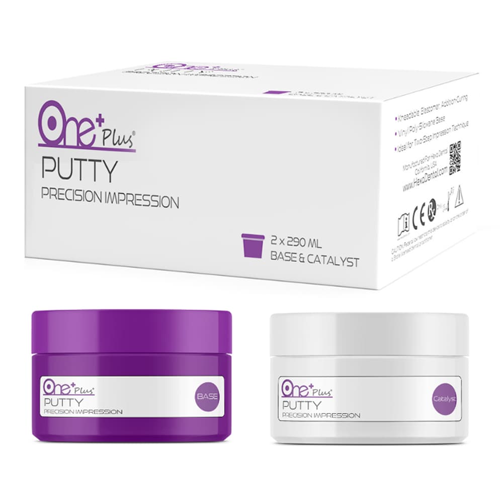 Hexa Dental One+ Plus Putty Impression Material, Fast Set, 290 mL Base & 290 mL Catalyst with Measuring Scoops - One+ Plus Putty Impression Material, Fast Set, 290 mL Base & 290 mL Catalyst. Includes - Image 1