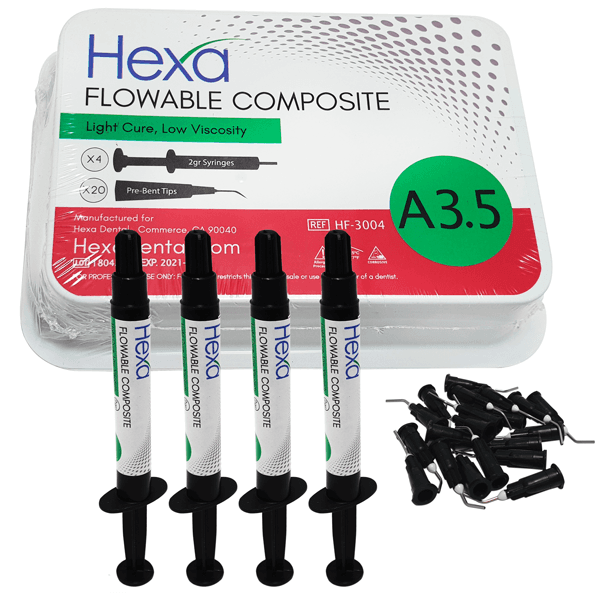 Hexa Flowable Composite A3.5, Light Cure, Low Viscosity, 4 x 2g Syringes with 20 Bent Tips - Hexa Flowable Composite A3.5 - 4 x 2gm syringes and 20 bent tips. Light cure - Image 1