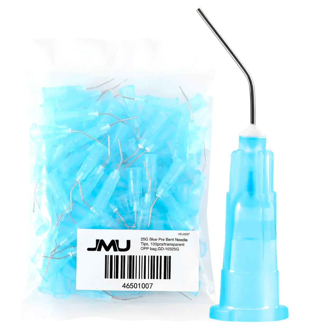 JMU Dental Pre Bent Needle Tips, 25 Gauge, Blue, 100/Bag - JMU Dental Pre Bent Needle Tips, 25ga, Blue, 100/Bag - Image 1