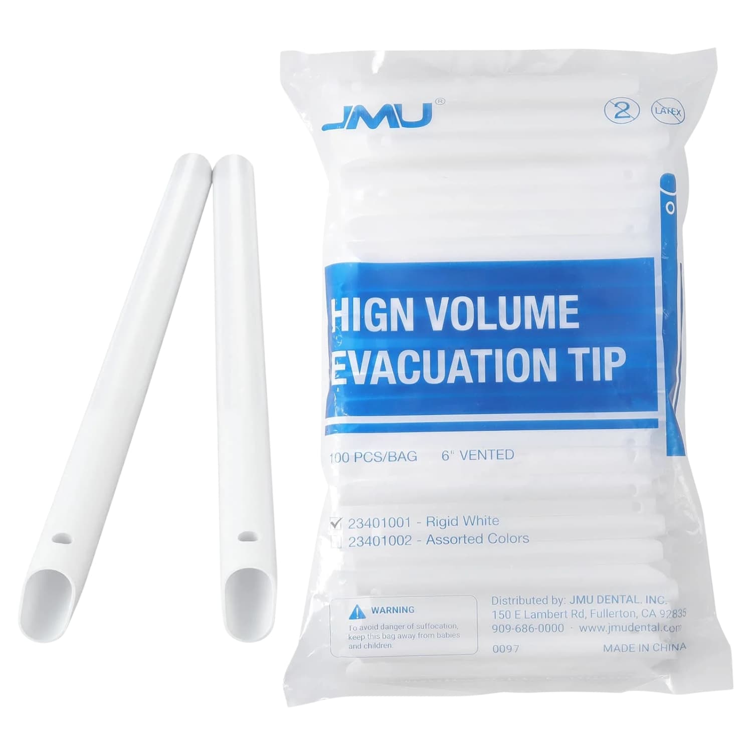 JMU 6" PVC High Volume Evacuation Tip, Rigid, White, Vented, 11mm OD, 1000/Pk - JMU 6" PVC High Volume Evacuation Tip, Rigid, White, 1000/Pk - Image 1