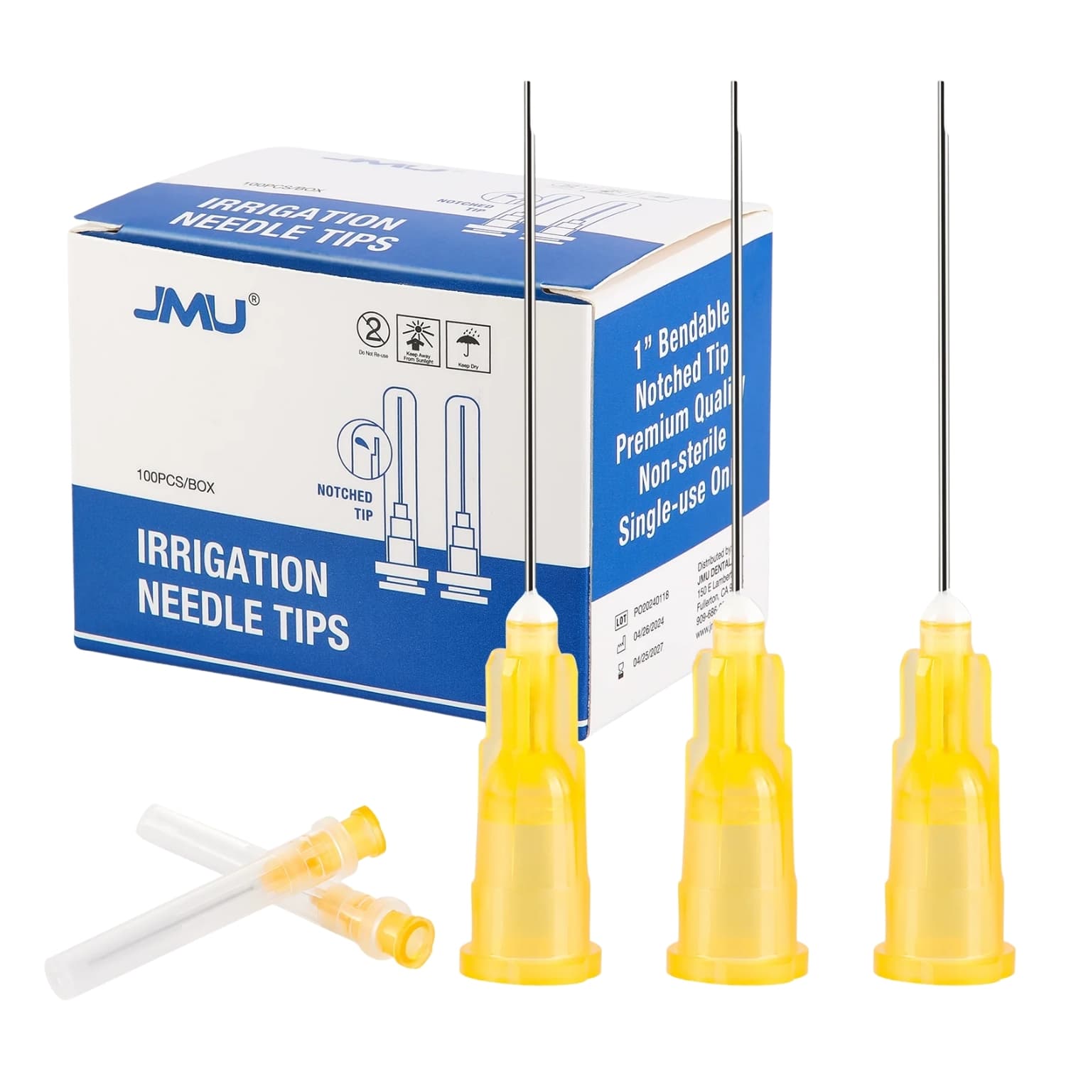 JMU 25 ga Bendable Irrigation Needle Tips, Orange, Notched Type, Luer Lock, 100/Pk - JMU 25 ga Bendable Irrigation Needle Tips, Orange, Notched Type, 100/Pk - Image 1
