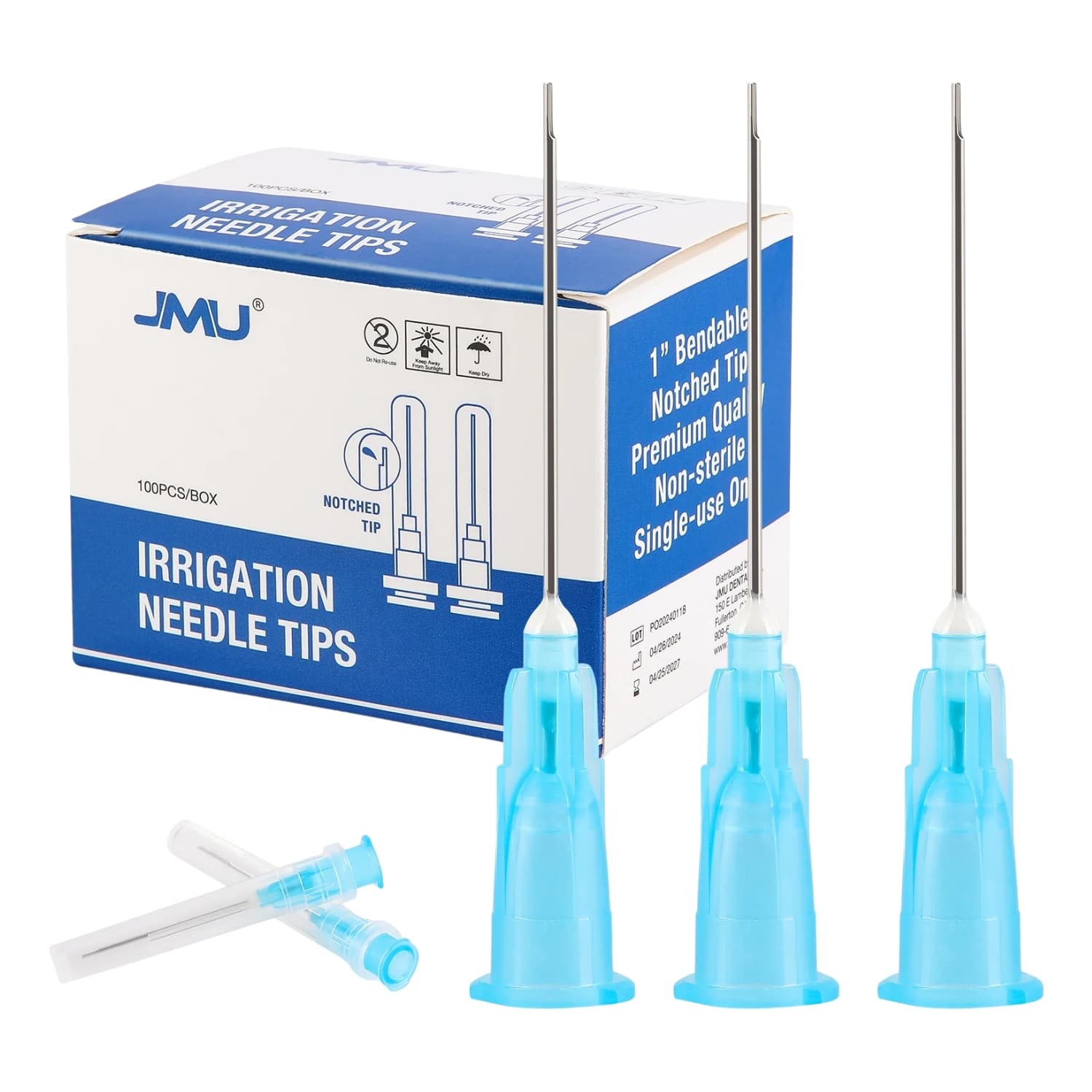 JMU 23 ga Bendable Irrigation Needle Tips, Blue, Notched Type, Luer Lock, 100/Pk - JMU 23 ga Bendable Irrigation Needle Tips, Blue, Notched Type, 100/Pk - Image 1