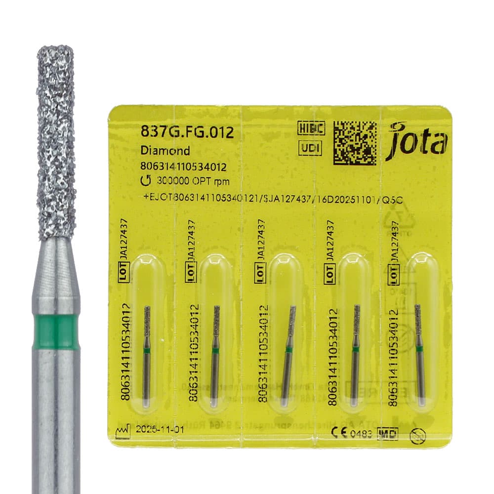 Jota FG #837.012 Coarse Grit Flat End Cylinder Diamond Bur, 1.2mm Head, 6mm Working Length, Green Ring, Multi-Use, 5/Pk - Jota Dentistry FG #837.012 Coarse Grit Flat End Cylinder Diamond Burs, 5/Pk - Image 1