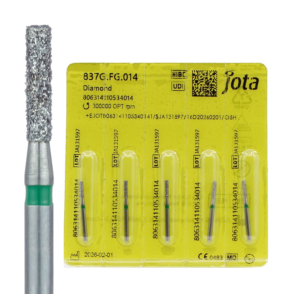 Jota Dentistry FG #837.014 Coarse Grit Flat End Cylinder Diamond Bur, 1.4mm Head, Green Ring, 5/Pk - Jota Dentistry FG #837.014 Coarse Grit Flat End Cylinder Diamond Bur, 5/Pk - Image 1