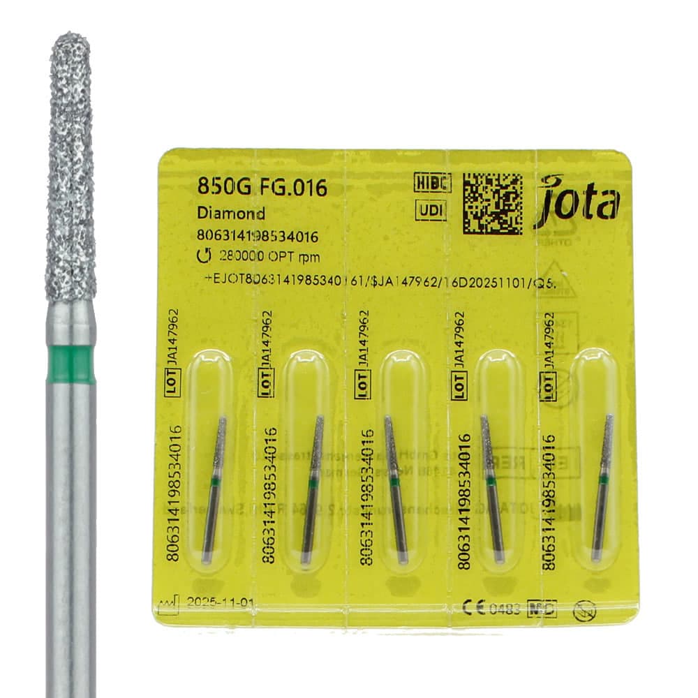 Jota Dentistry FG #850.016 Coarse Grit Round End Taper Diamond Burs, 1.6mm Head, Green Ring, 5/Pk - Jota Dentistry FG #850.016 Coarse Grit Round End Taper Diamond Burs, 5/Pk - Image 1