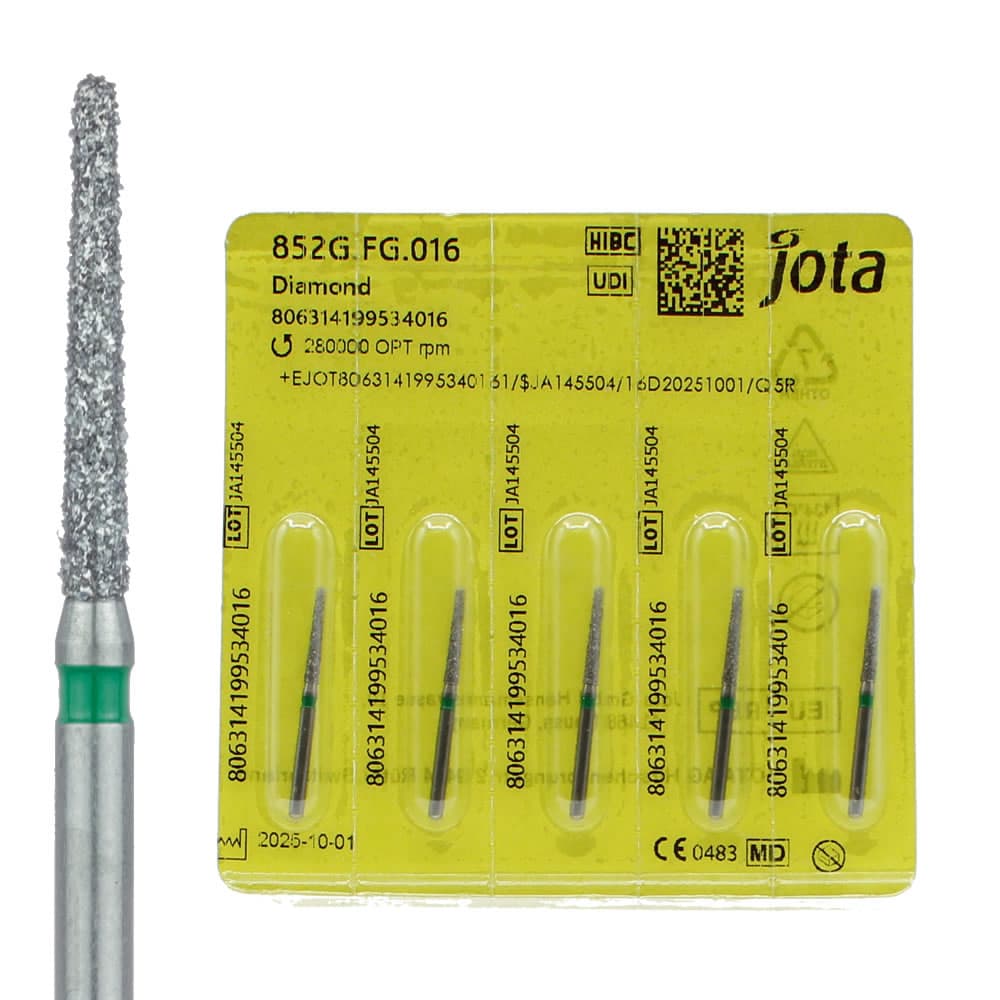 Jota Dentistry FG #852.016 Coarse Grit Round End Taper Diamond Burs, 1.2mm Head, Green Ring, 5/Pk - Jota Dentistry FG #852.016 Coarse Grit Round End Taper Diamond Burs, 5/Pk - Image 1