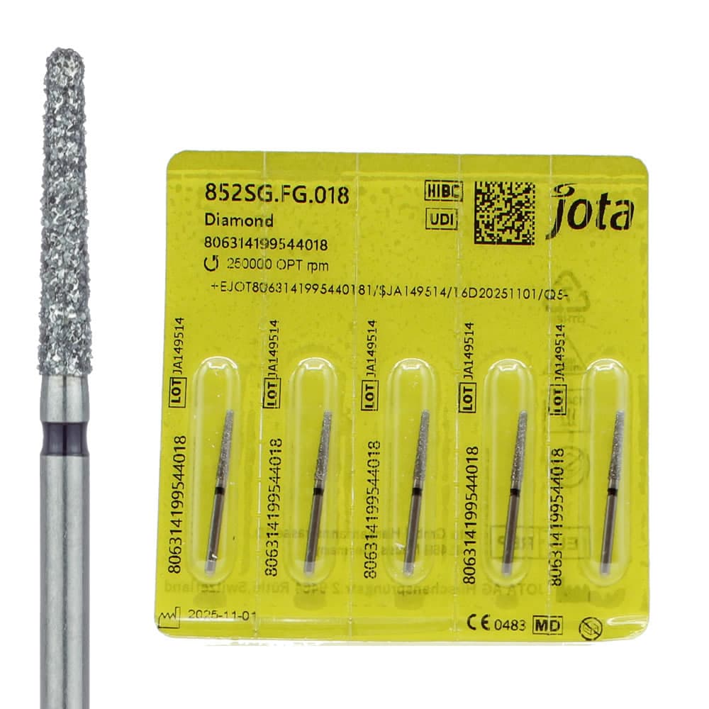 Jota FG #852.018 Super Coarse Grit Round End Taper Diamond Bur, 1.2mm Head, 10mm Working Length, Black Ring, Multi-Use, 5/Pk - Jota Dentistry FG #852.018 Super Coarse Grit Round End Taper Diamond Burs, 5/Pk - Image 1