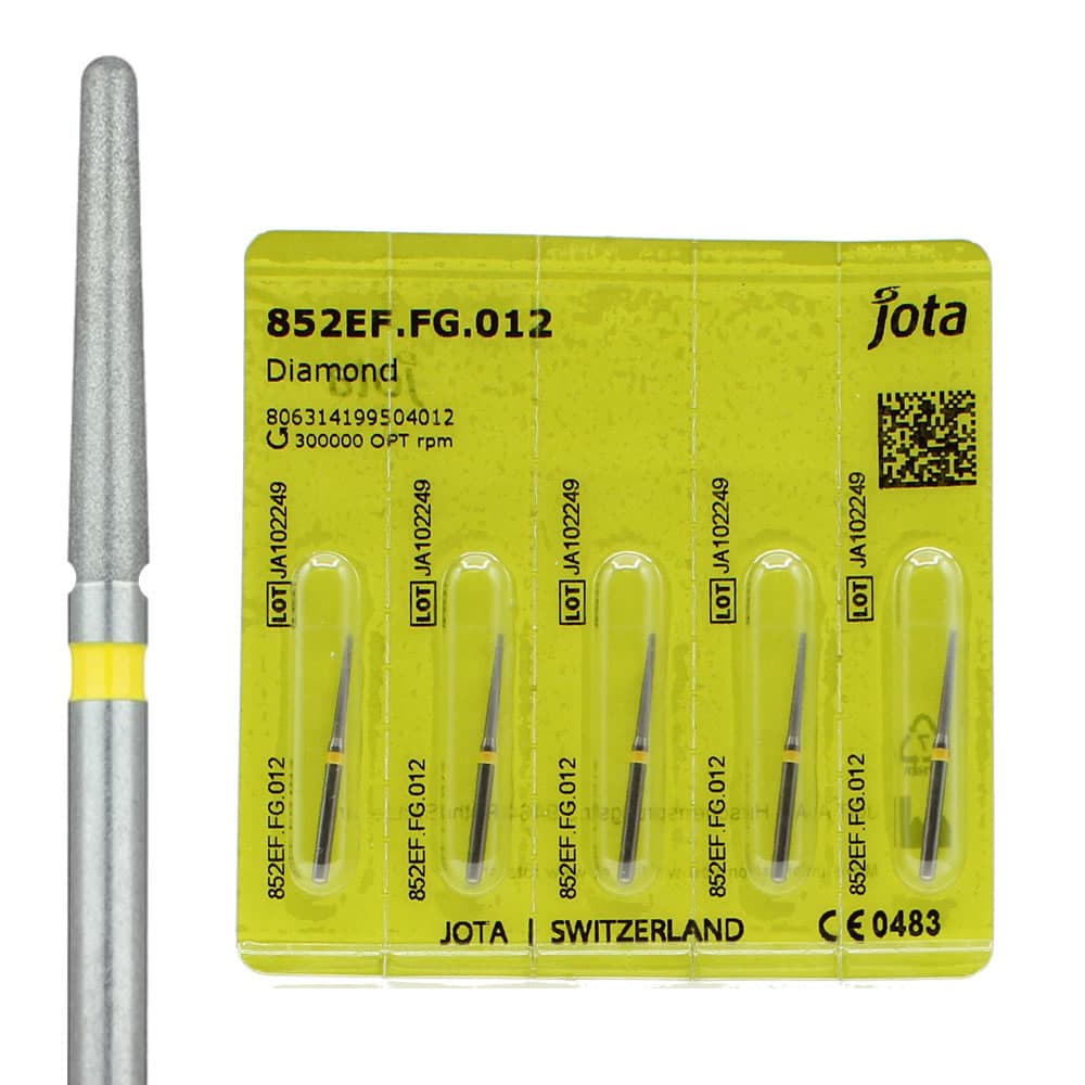 Jota FG #852EF.012 Super Fine Grit Round End Taper Diamond Bur, 1.2mm Head, 10mm Working Length, Yellow Ring, 5/Pk - Jota Dentistry FG #852EF.012 Super Fine Grit Round End Taper Diamond Burs, 5/Pk - Image 1
