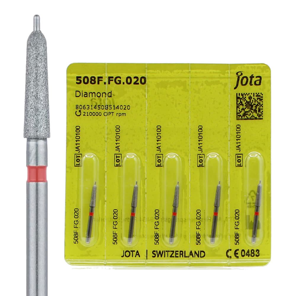 Jota Dentistry FG #508.020 Fine Grit Round End Taper Diamond Burs, 2mm Head, 7.5mm Working Length, Red Ring, 5/Pk - Jota Dentistry FG #508.020 Fine Grit Round End Taper Diamond Burs, 5/Pk - Image 1