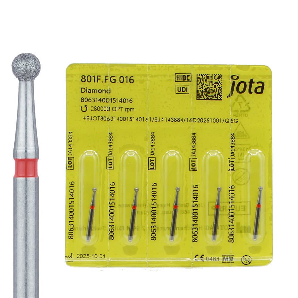 Jota Dentistry FG #801.016 Fine Grit Round Diamond Burs, 1.6mm, Red Ring, 5/Pk - Jota Dentistry FG #801.016 Fine Grit Round Diamond Burs, 5/Pk - Image 1