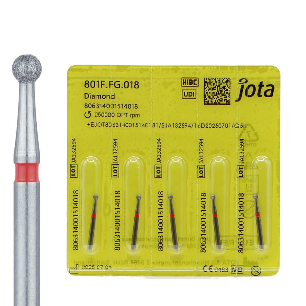 Jota Dentistry FG #801.018 Fine Grit Round Diamond Burs, 1.8mm Head, Red Ring, US #6, 5/Pk - Jota Dentistry FG #801.018 Fine Grit Round Diamond Burs, 5/Pk - Image 1