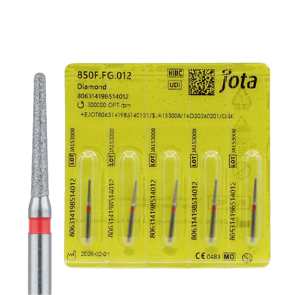 Jota Dentistry FG #850.012 Fine Grit Round End Taper Diamond Burs, 1.2mm Head, 8mm Working Length, Red Ring, 5/Pk - Jota Dentistry FG #850.012 Fine Grit Round End Taper Diamond Burs, 5/Pk - Image 1