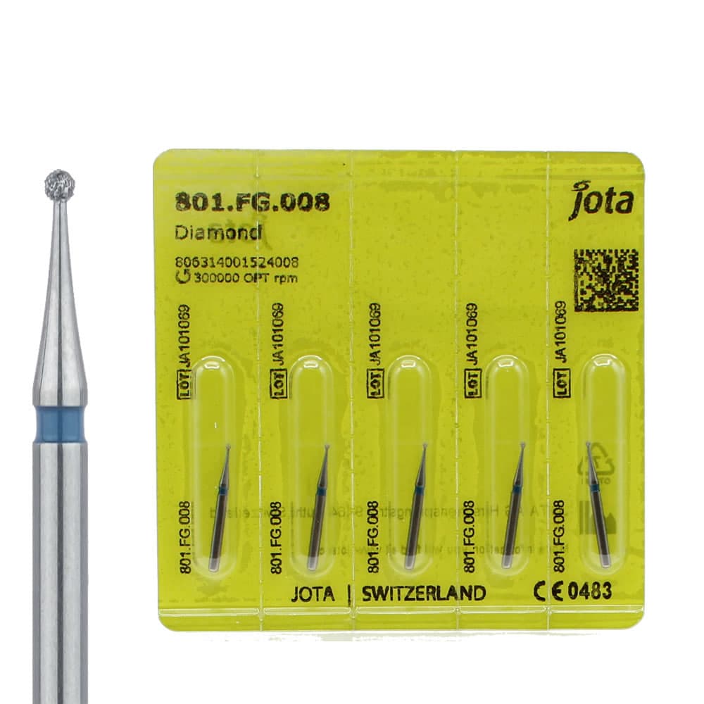 Jota Dentistry FG #801.008 Medium Grit Round Diamond Burs, 0.8mm Head, Blue Ring, 5/Pk - Jota Dentistry FG #801.008 Medium Grit Round Diamond Burs, 5/Pk - Image 1