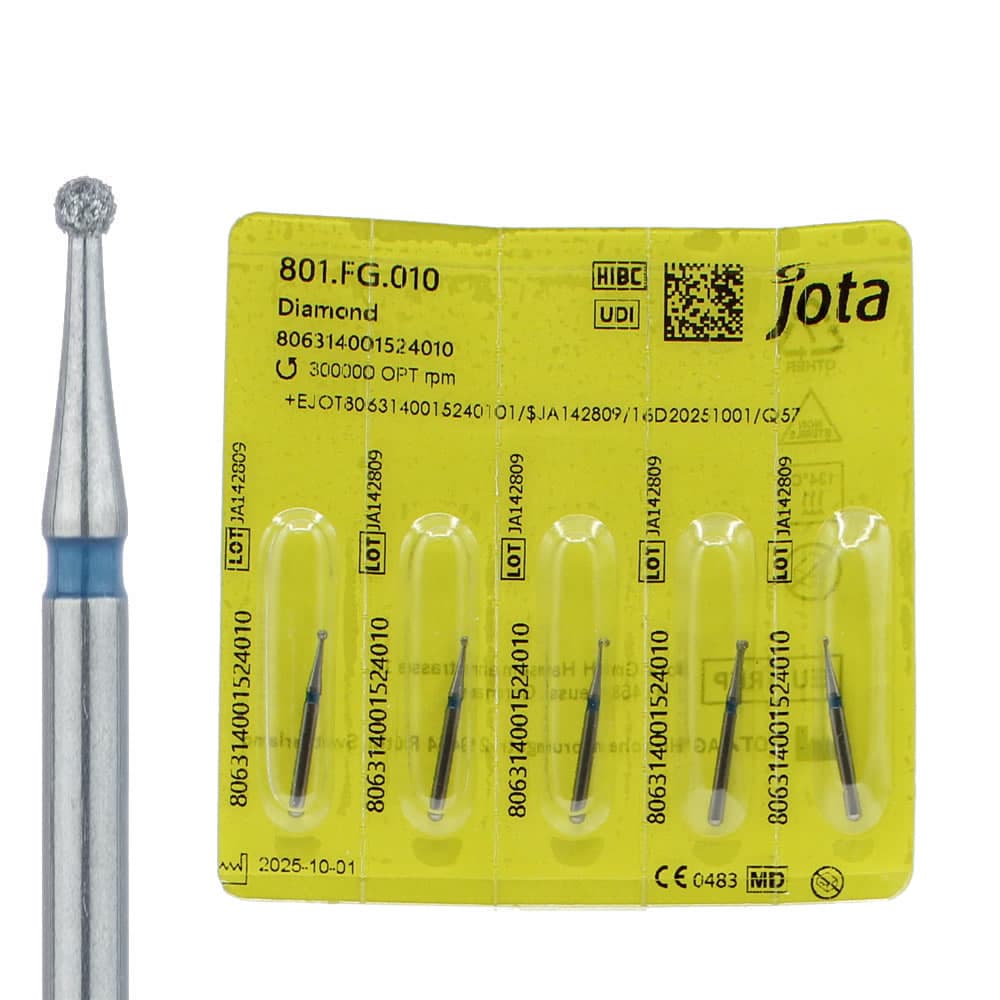 Jota Dentistry FG #801.010 Medium Grit Round Diamond Burs, US #2, 1.0mm Head, Blue Ring, Multi-Use, 5/Pk - Jota Dentistry FG #801.010 Medium Grit Round Diamond Burs, 5/Pk - Image 1