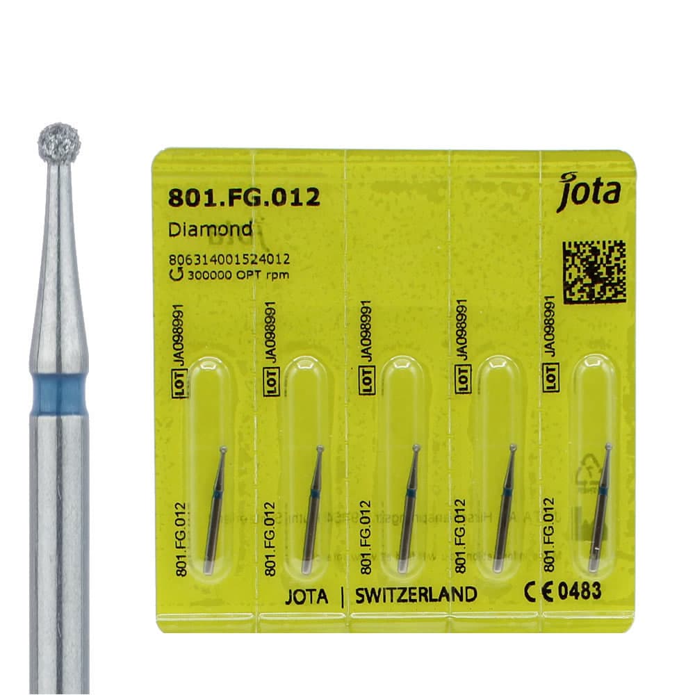 Jota Dentistry FG #801.012 Medium Grit Round Diamond Burs, 1.2mm Head, Blue Ring, 5/Pk - Jota Dentistry FG #801.012 Medium Grit Round Diamond Burs, 5/Pk - Image 1