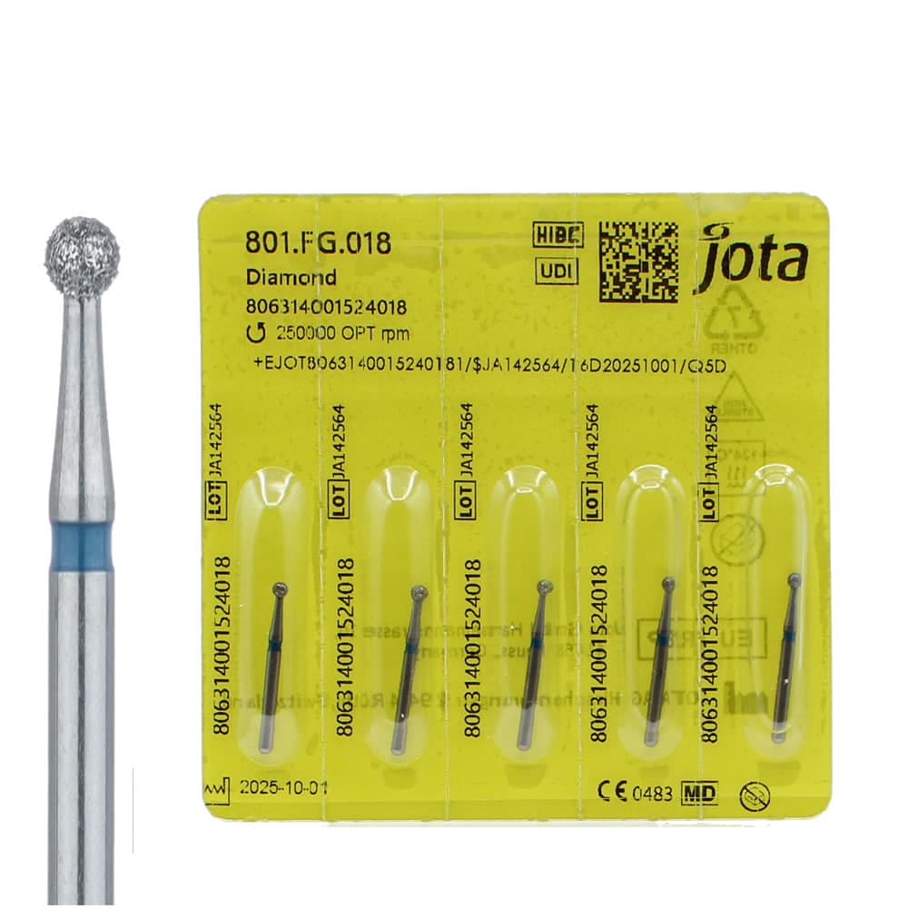Jota Dentistry FG #801.018 Medium Grit Round Diamond Burs, 1.8mm Head, Blue Ring, US #6, 5/Pk - Jota Dentistry FG #801.018 Medium Grit Round Diamond Burs, 5/Pk - Image 1